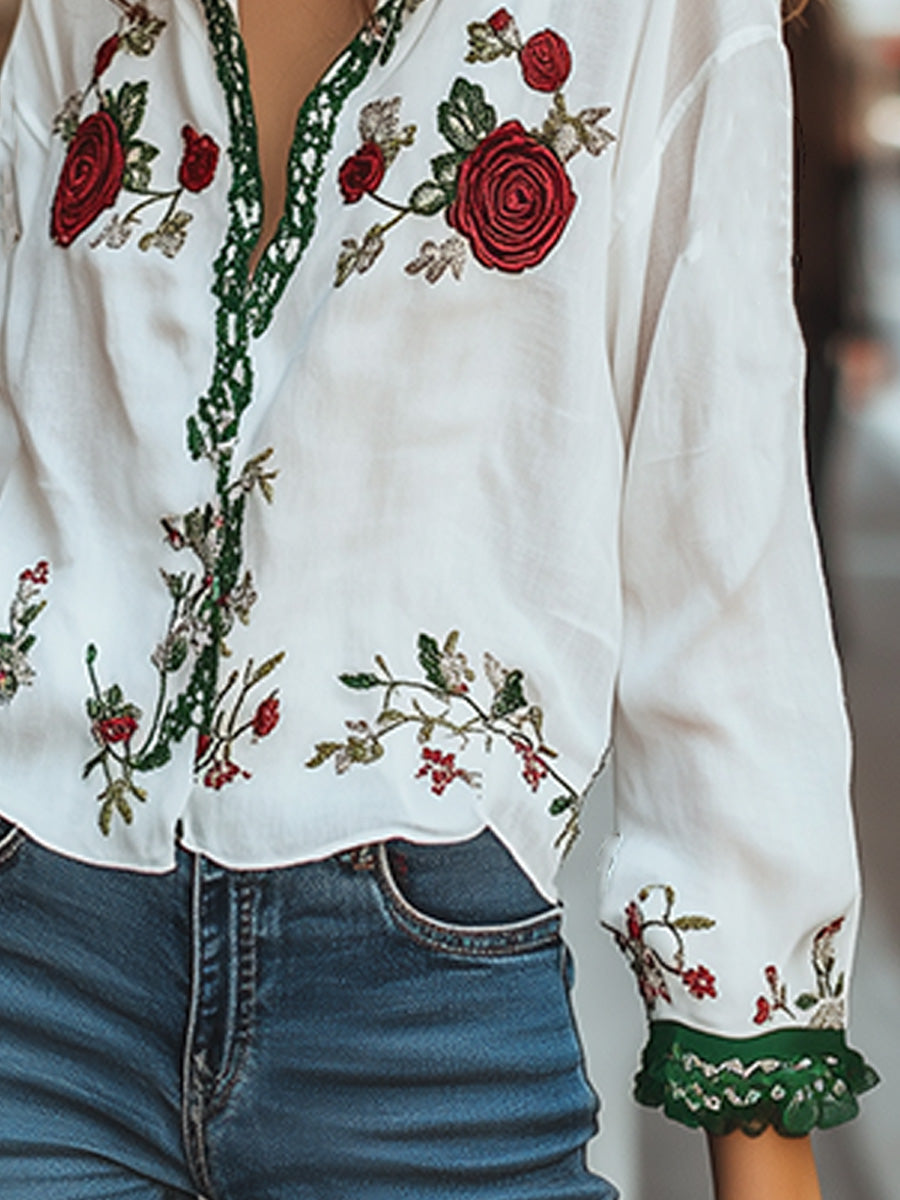 Casual Witte Lange Mouwen Shirt met Bloemborduring