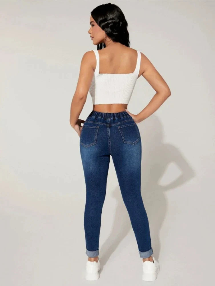 Dames Elastische Taille Skinny Denim Broek