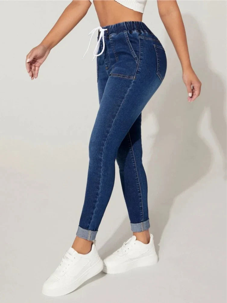 Dames Elastische Taille Skinny Denim Broek