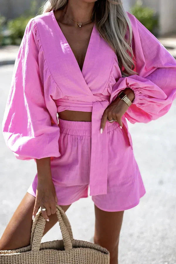 Dames Casual Losse Linnen Mix Korte Suit Set