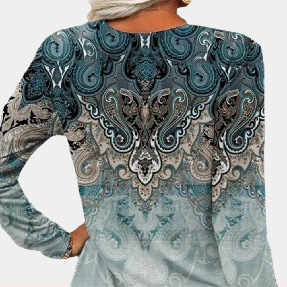 Dames Comfortabele Lange Mouw Kleurrijke Geprinte Blouse