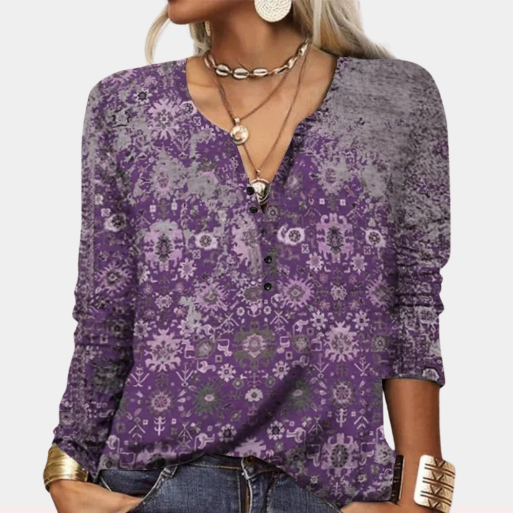 Dames Comfortabele Lange Mouw Kleurrijke Geprinte Blouse