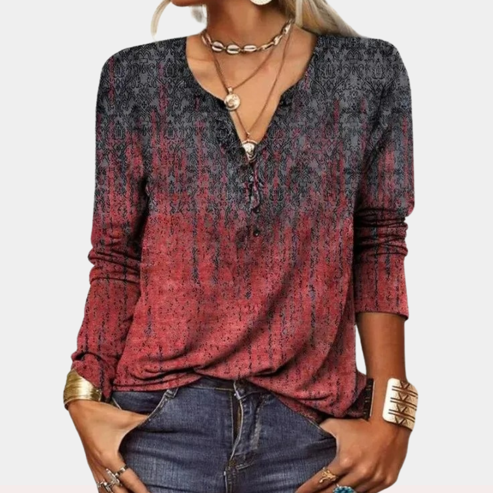 Dames Comfortabele Lange Mouw Kleurrijke Geprinte Blouse