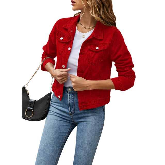 Dames Vintage Wash Stretch Denim Crop Jas Lange Mouw
