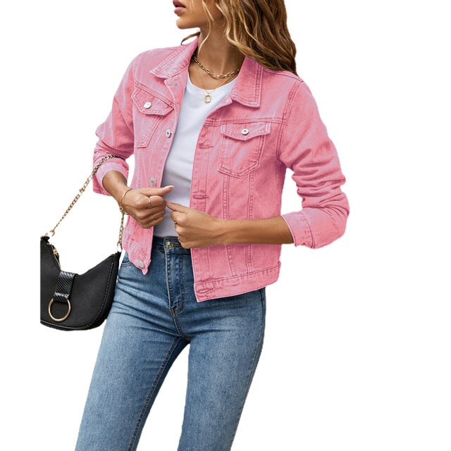 Dames Vintage Wash Stretch Denim Crop Jas Lange Mouw