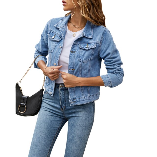 Dames Vintage Wash Stretch Denim Crop Jas Lange Mouw
