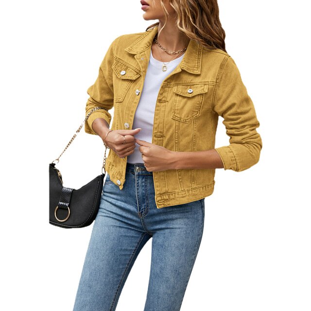 Dames Vintage Wash Stretch Denim Crop Jas Lange Mouw