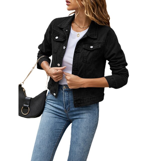 Dames Vintage Wash Stretch Denim Crop Jas Lange Mouw
