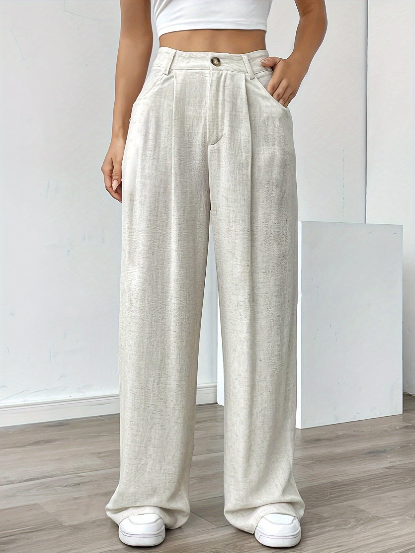 Dames Effen Linnen Wijde Broek met Trekkoord