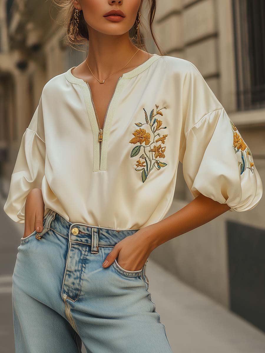 Geborduurde Satijnen Blouse met Ritssluiting