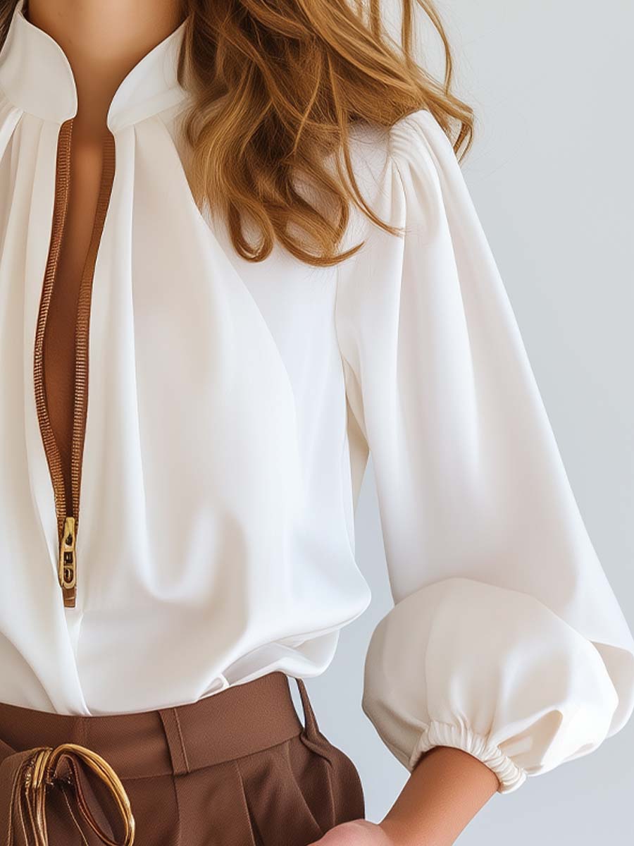 Dames Chique Witte Pofmouw Blouse met Ritsvoorkant