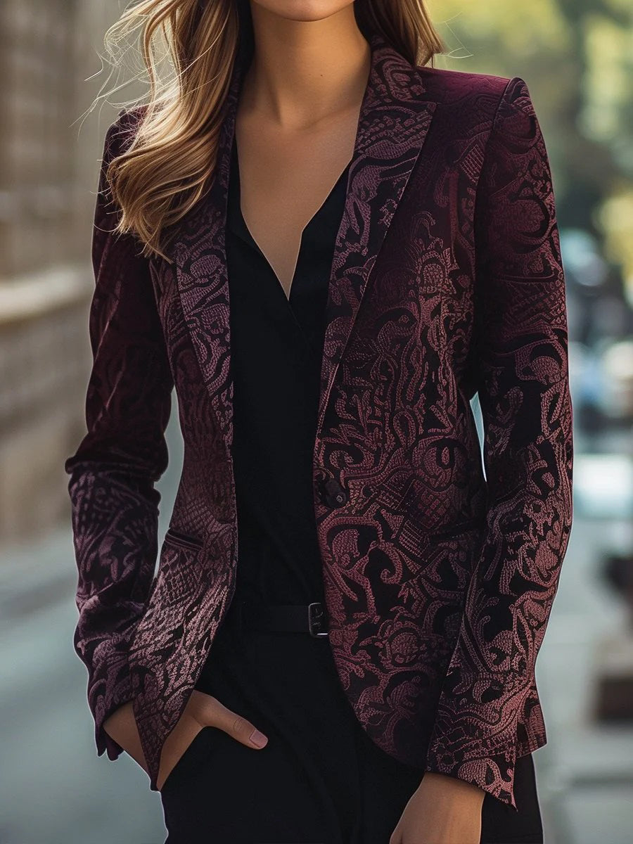 Noble Burgundy Jacquard Satijnen Blazer