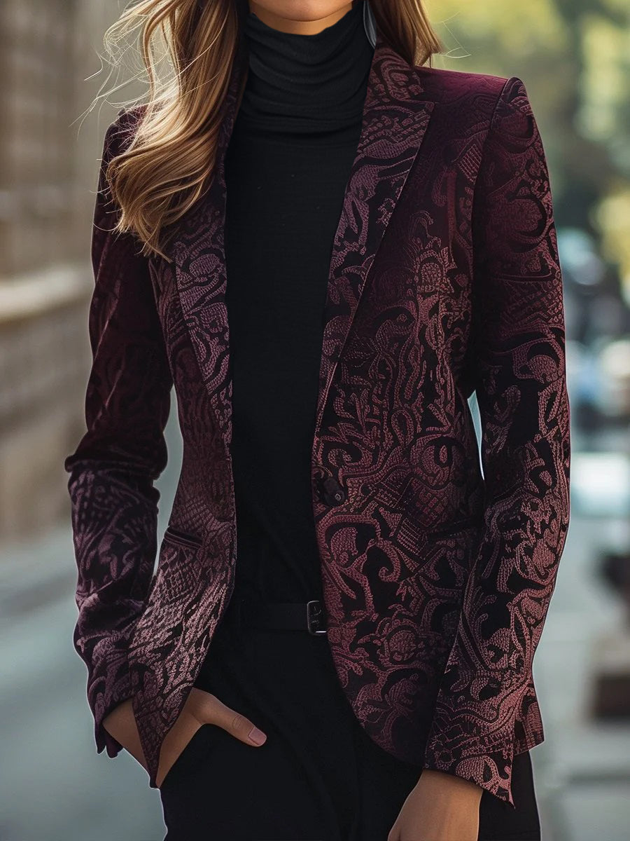 Noble Burgundy Jacquard Satijnen Blazer