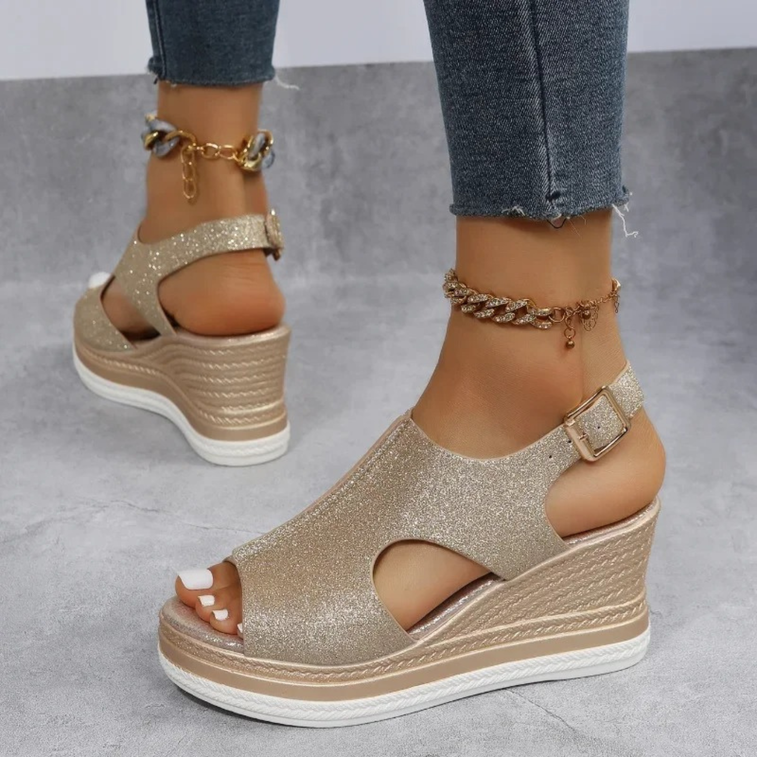 Dames Glitter Wedge Hak Sandalen