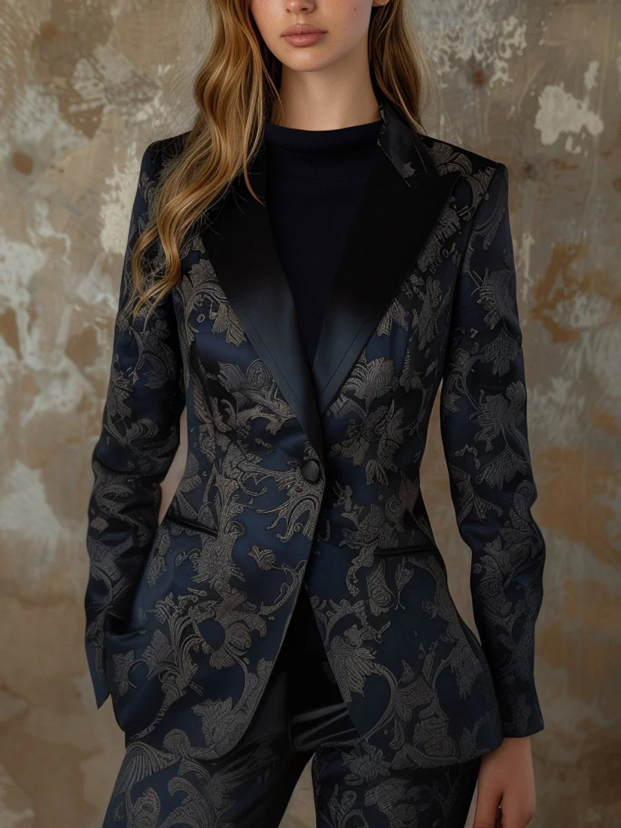 Marineblauwe Zwarte Satijnen Jacquard Blazer