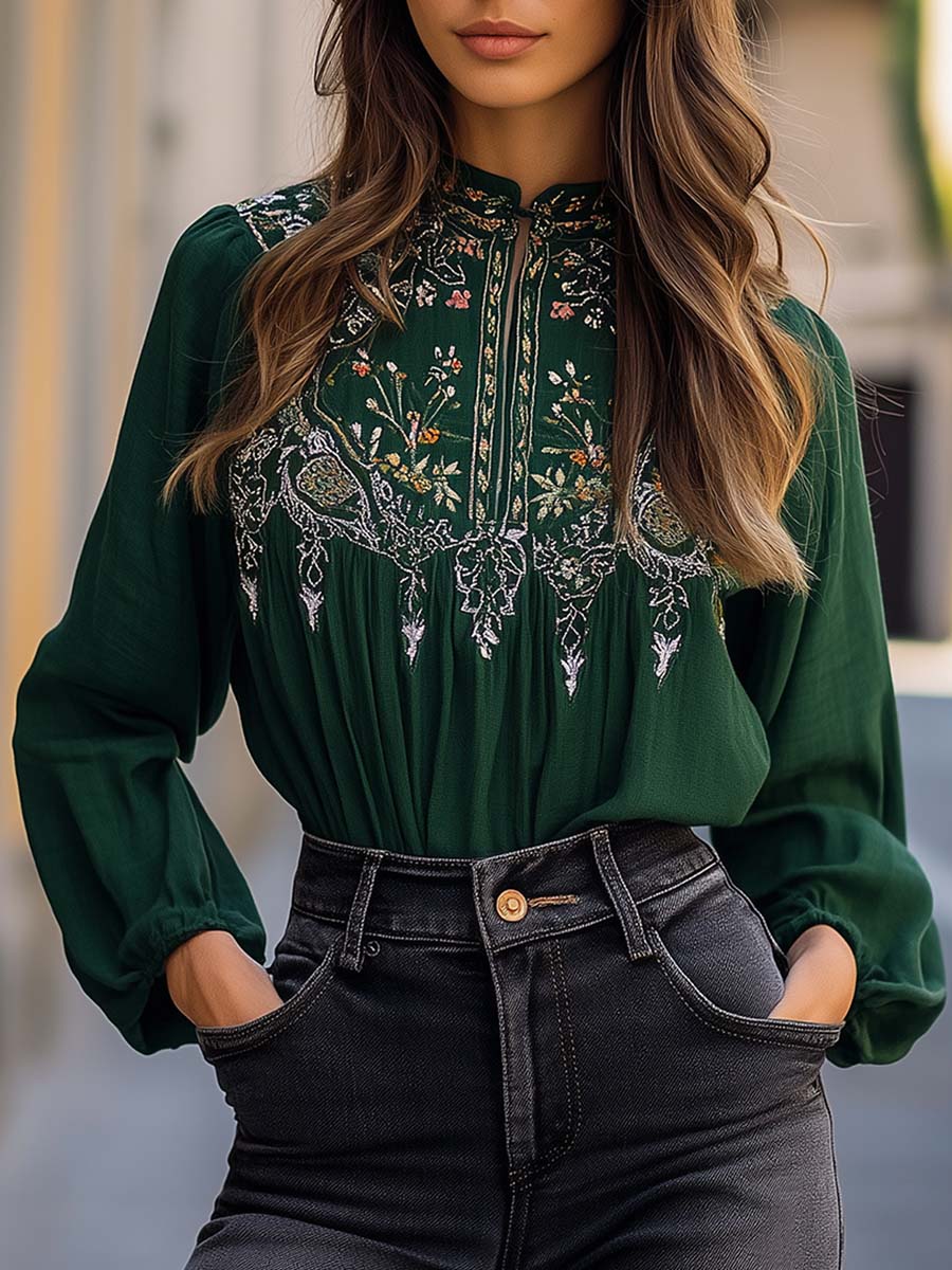 Dames Elegante Smaragdgroene Blouse met Geborduurde Opstaande Kraag
