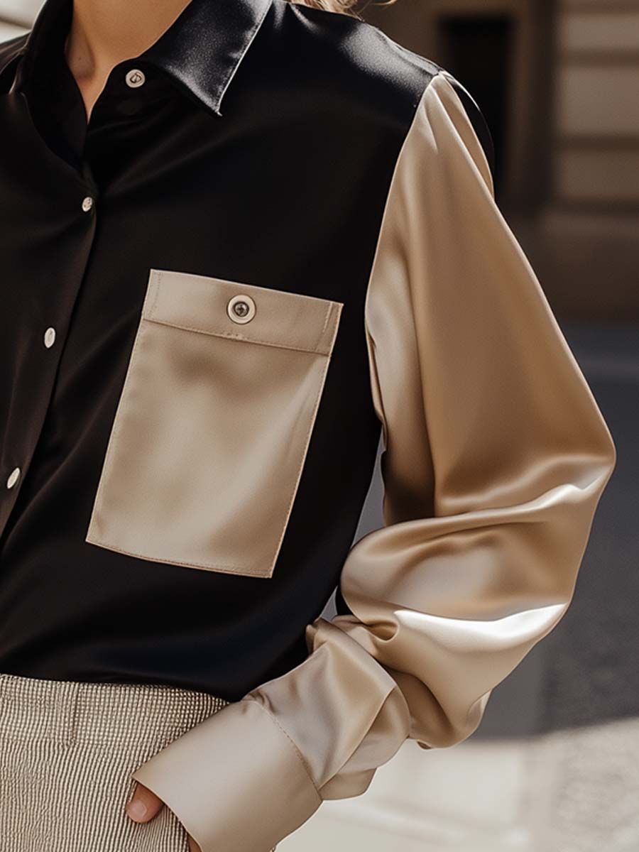 Dames Elegante Twee-Tonige Satijnen Blouse met Zak