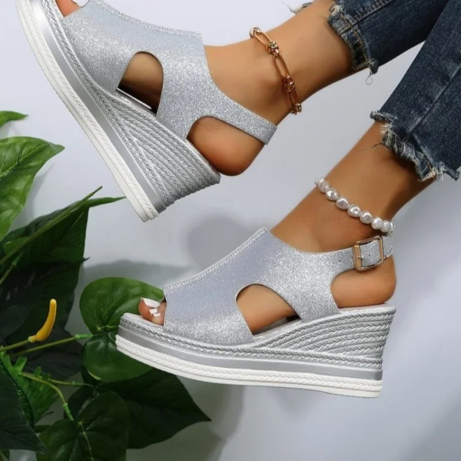 Dames Glitter Wedge Hak Sandalen