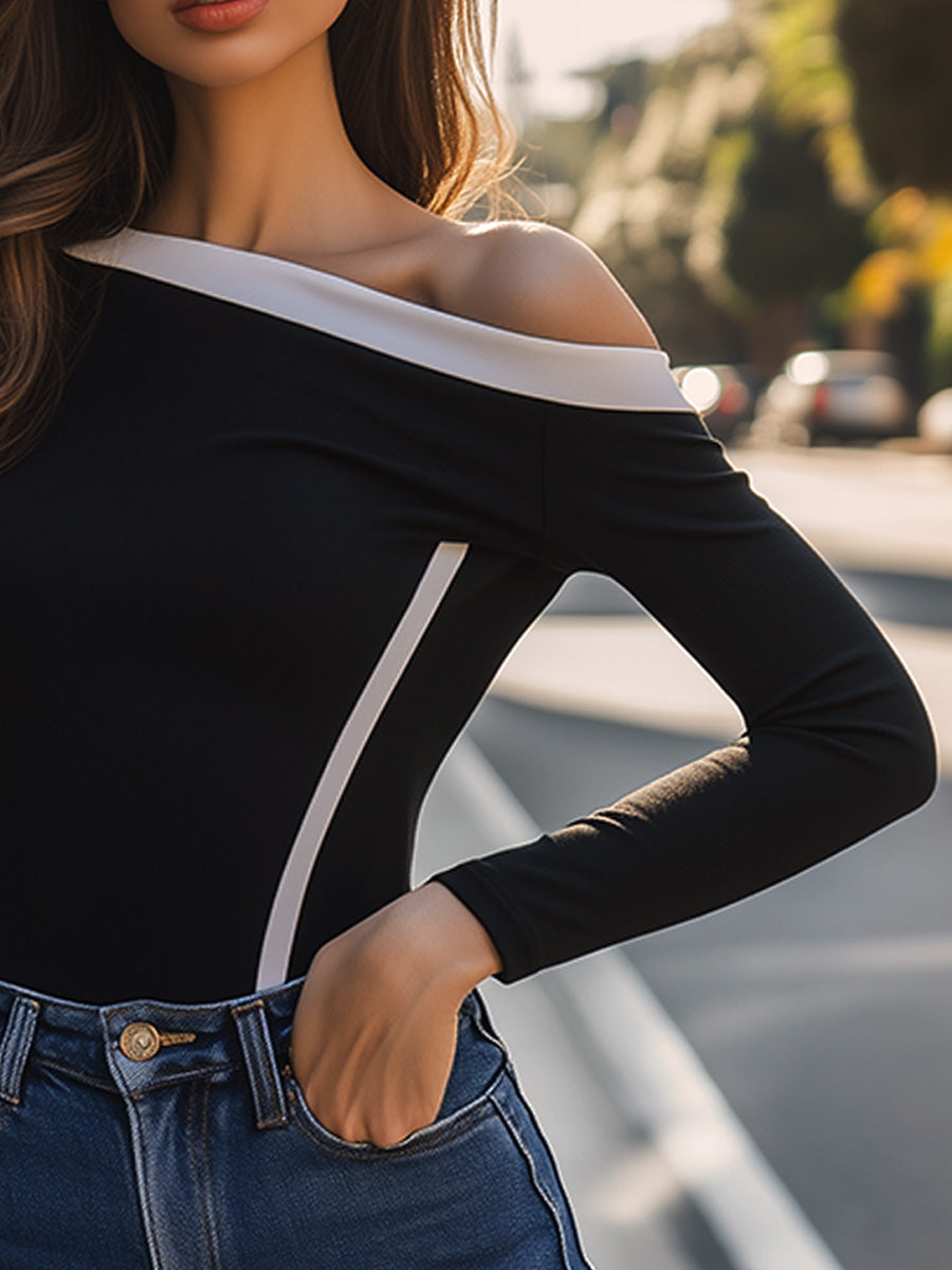 Casual Off-Shoulder Zwarte Top met Contrasterende Trim