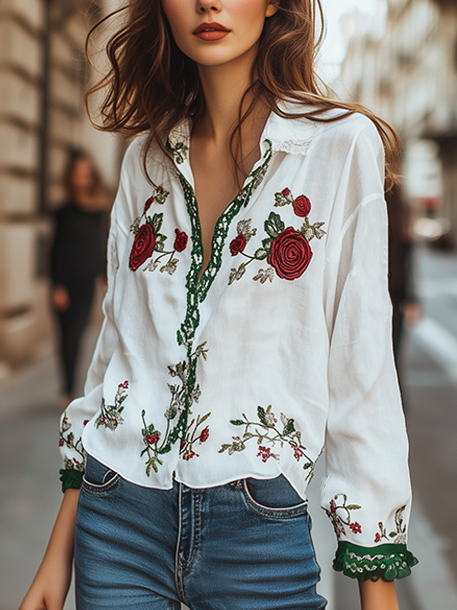 Casual Witte Lange Mouwen Shirt met Bloemborduring