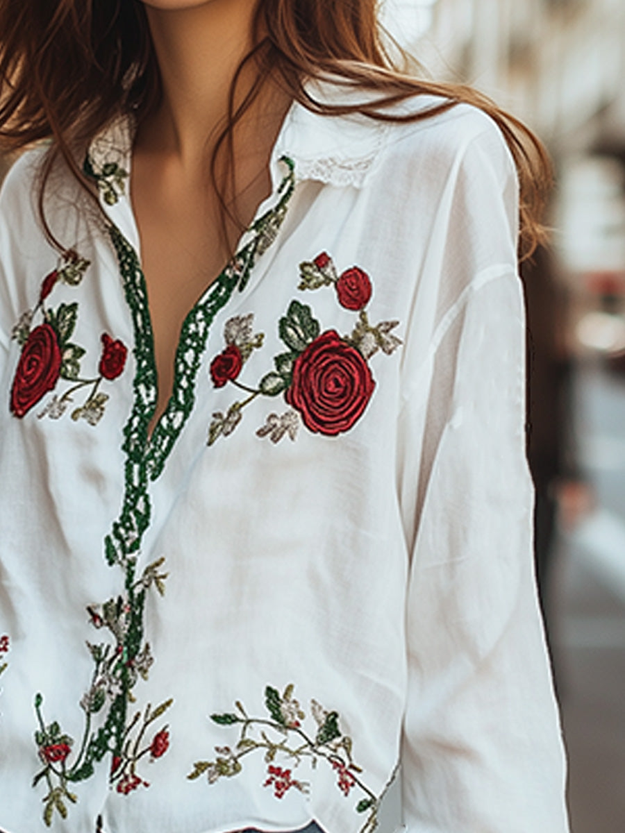 Casual Witte Lange Mouwen Shirt met Bloemborduring