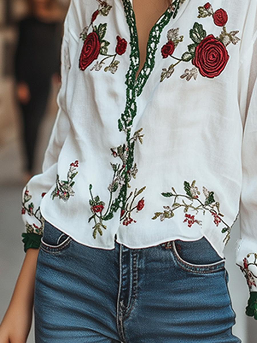 Casual Witte Lange Mouwen Shirt met Bloemborduring
