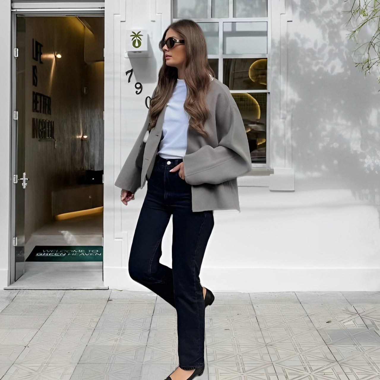 Dames Grijze V-Hals Minimalistische Blazer met Zakken
