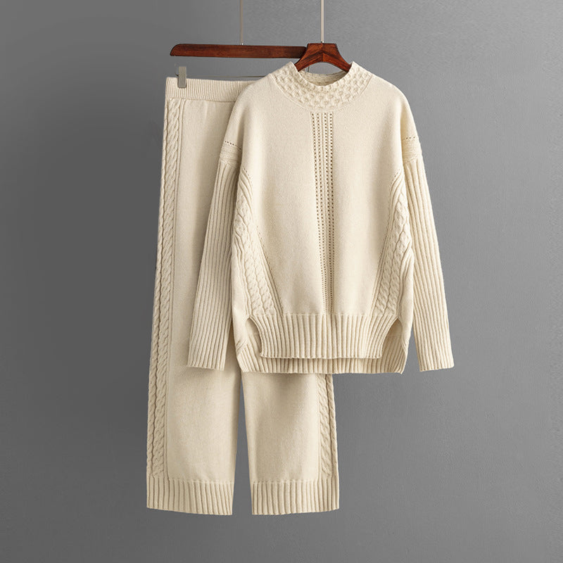 Dames Cozy Ronde Hals Trui & Wijde Pantalon Set