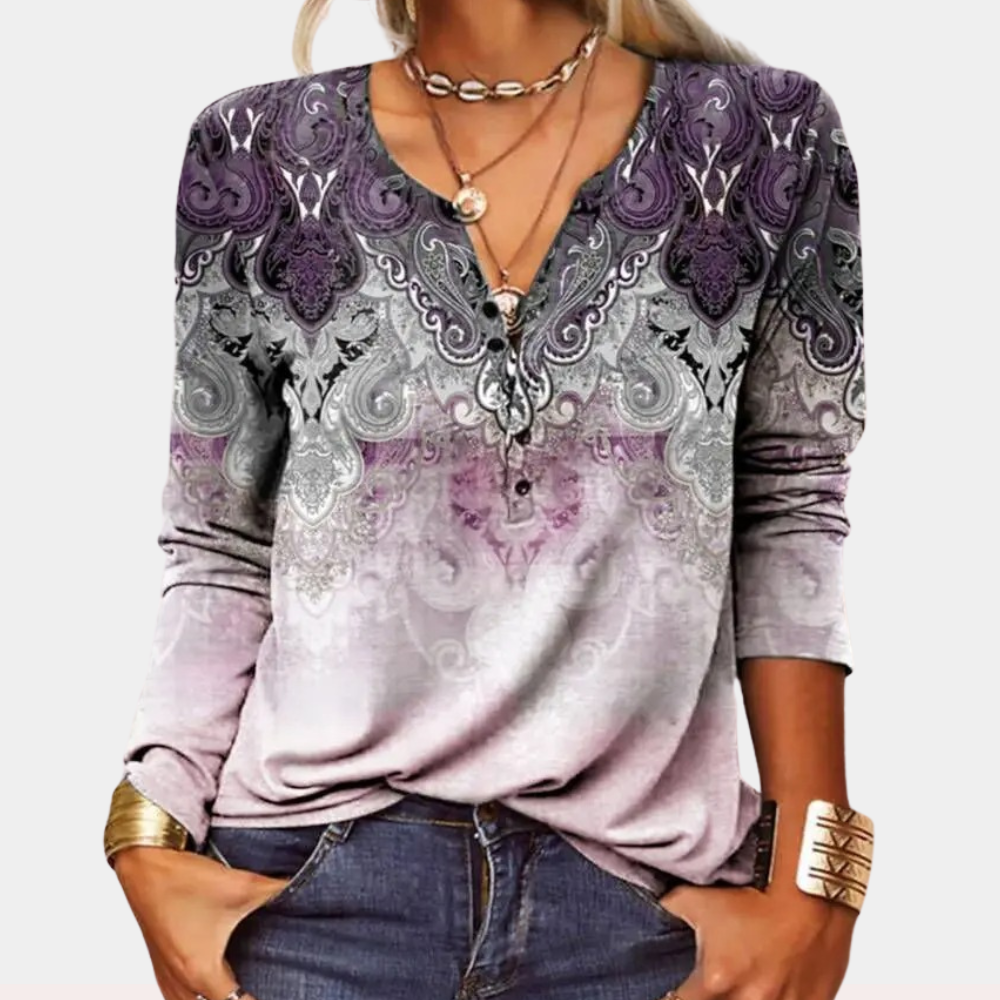 Dames Comfortabele Lange Mouw Kleurrijke Geprinte Blouse