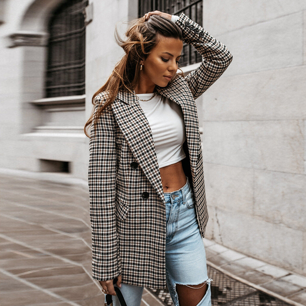 Dames Gekruiste Dubbelgeknopte Blazer met Lappel Kraag