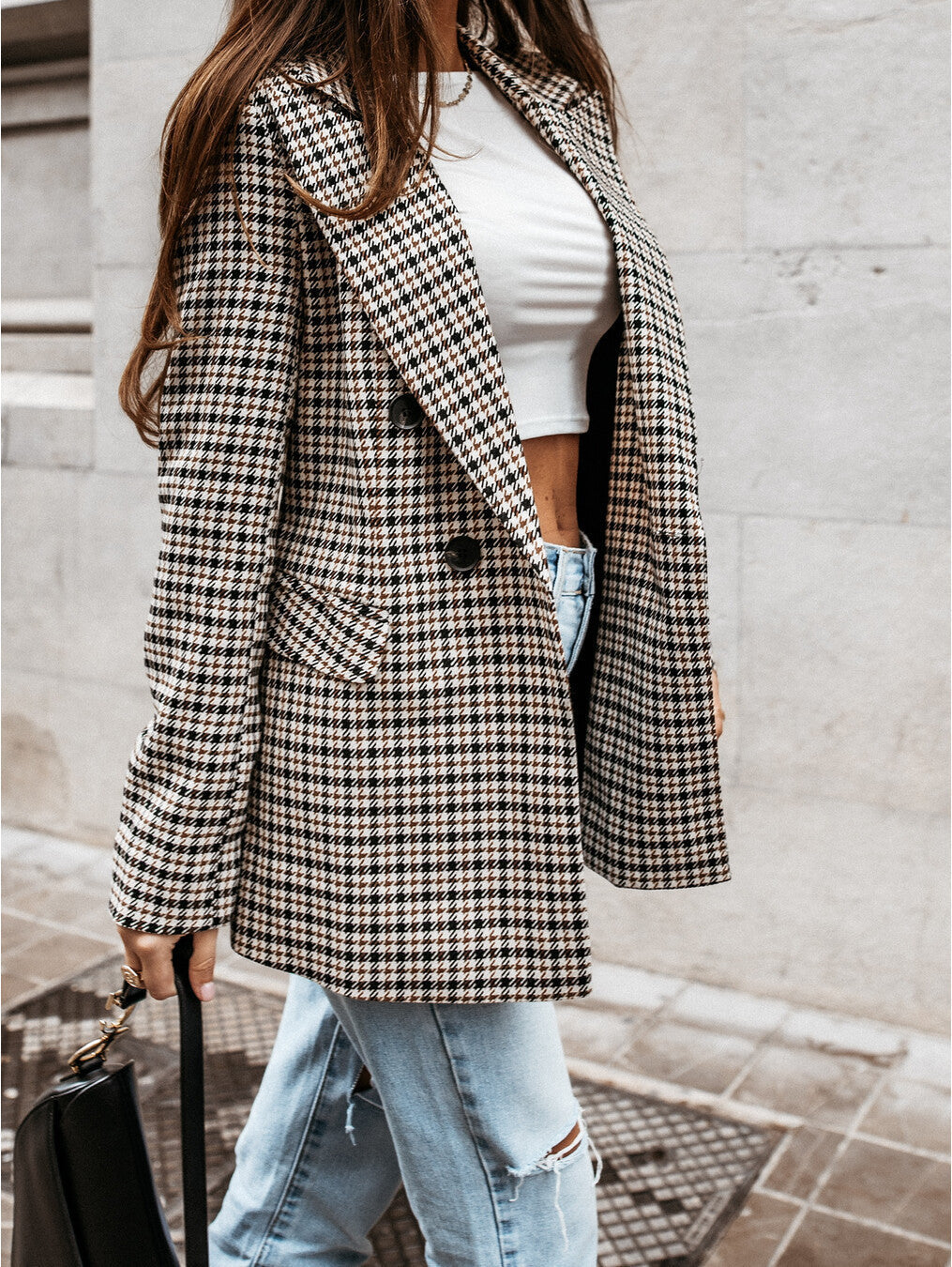Dames Gekruiste Dubbelgeknopte Blazer met Lappel Kraag