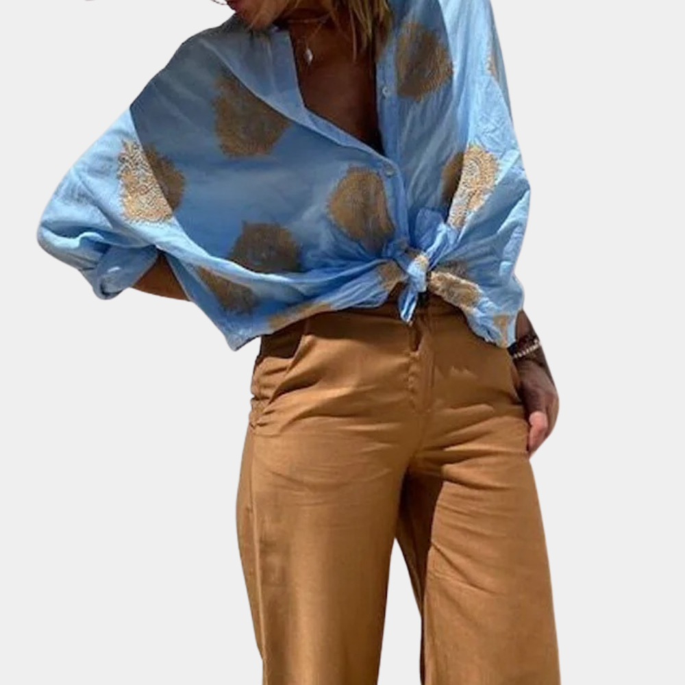 Dames Geprinte Witte Lange Mouw Kraag Blouse