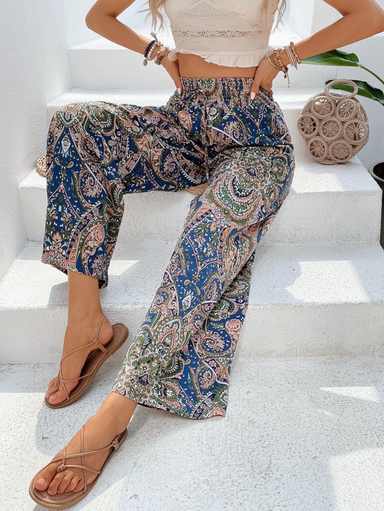 Dames Gedrukte Brede Pijpenbroek met Elastische Taille