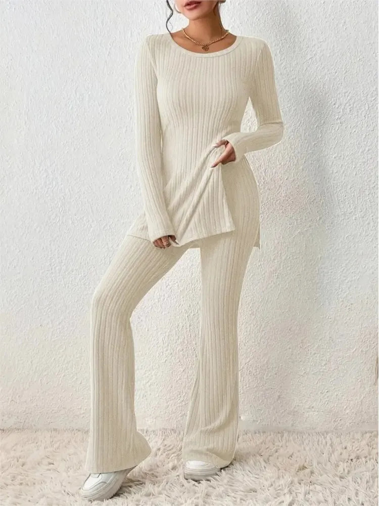 Dames Gebreide Winter Lounge Set met Uiteenlopende Broek