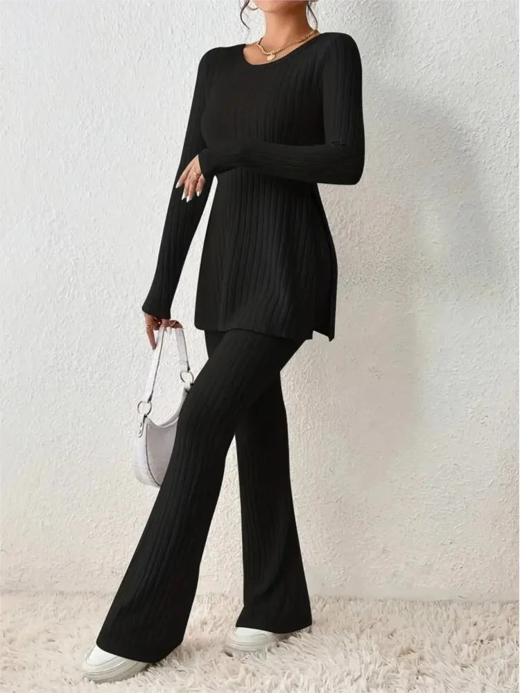 Dames Gebreide Winter Lounge Set met Uiteenlopende Broek