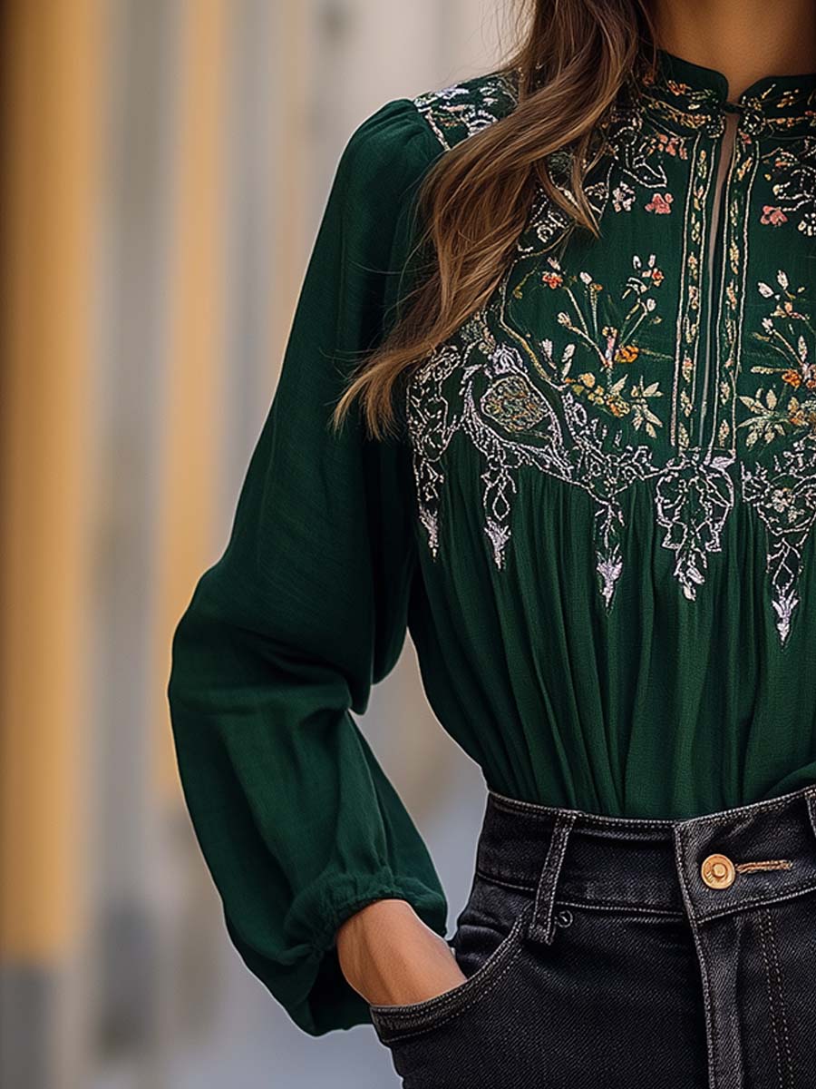 Dames Elegante Smaragdgroene Blouse met Geborduurde Opstaande Kraag