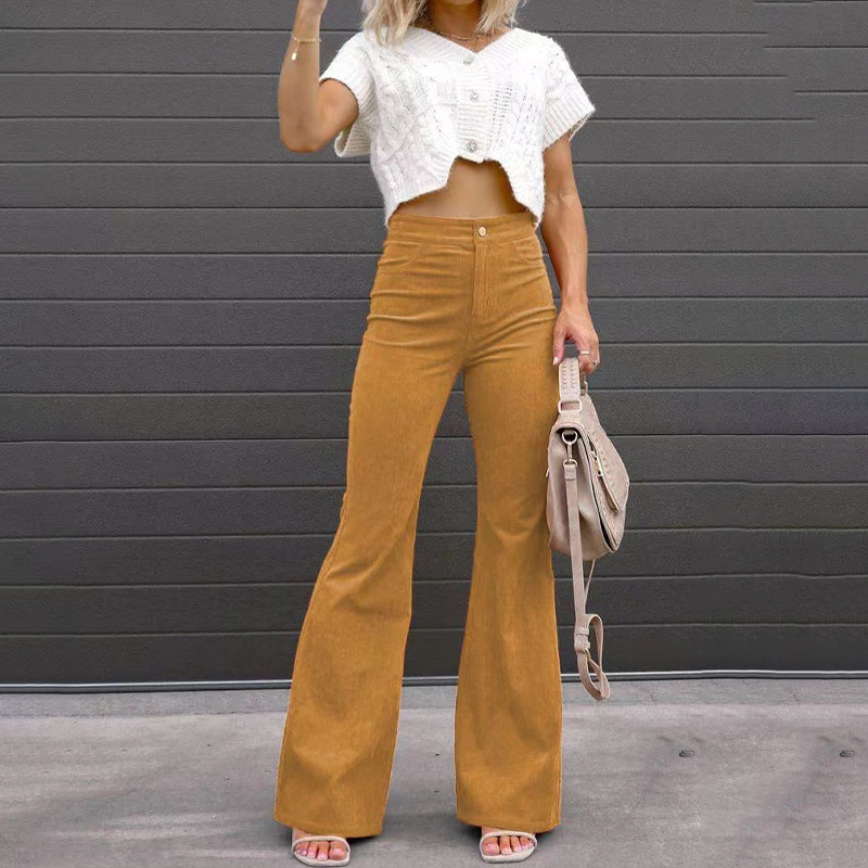Dames Hoge Taille Slim Fit Flared Corduroy Broek