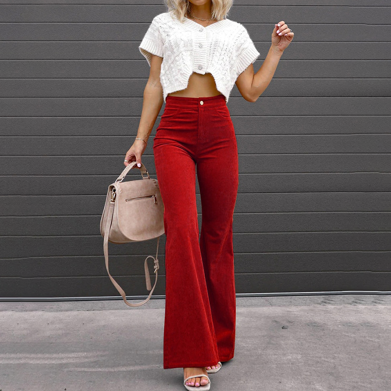 Dames Hoge Taille Slim Fit Flared Corduroy Broek