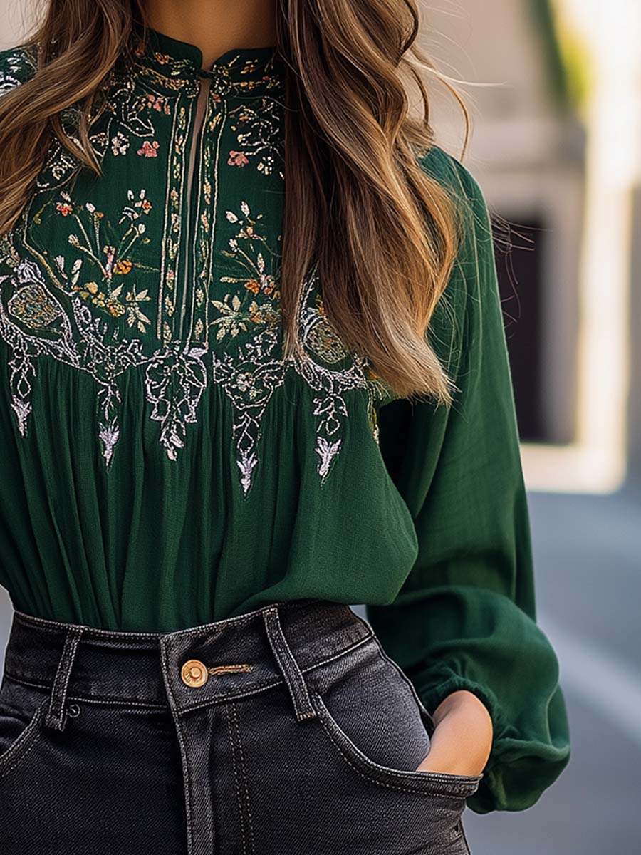 Dames Elegante Smaragdgroene Blouse met Geborduurde Opstaande Kraag
