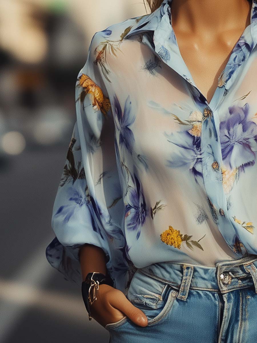 Bloemenprint Transparante Knopenblouse