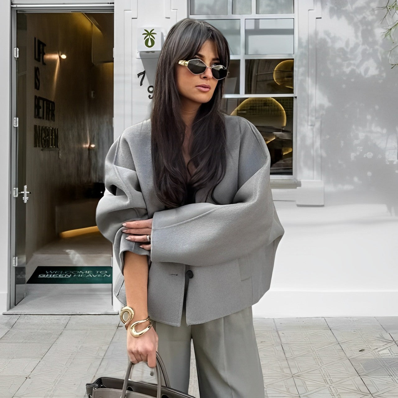Dames Grijze V-Hals Minimalistische Blazer met Zakken