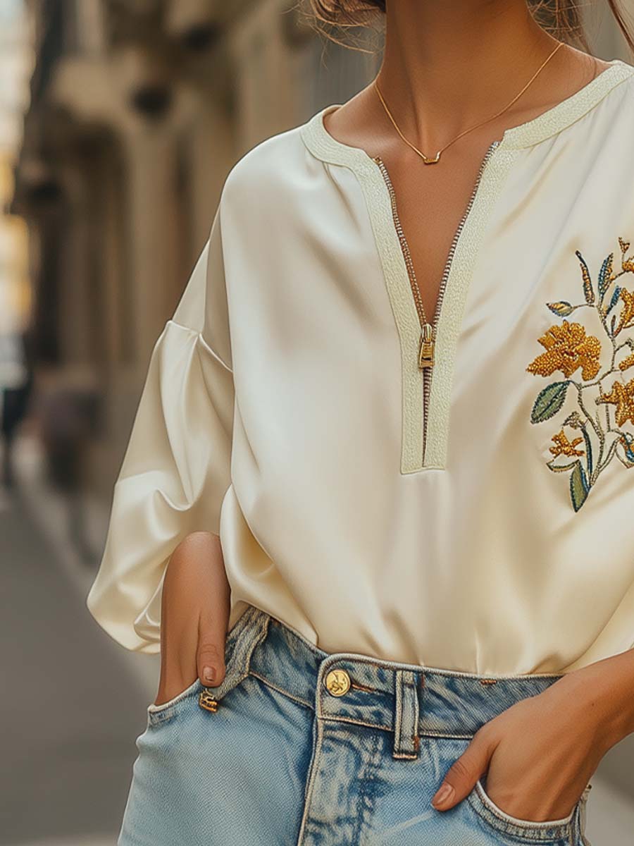Geborduurde Satijnen Blouse met Ritssluiting