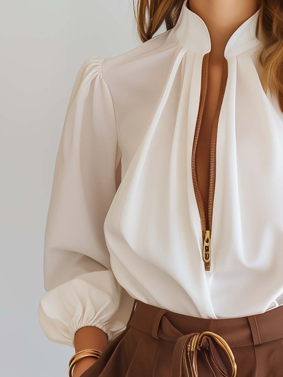 Dames Chique Witte Pofmouw Blouse met Ritsvoorkant