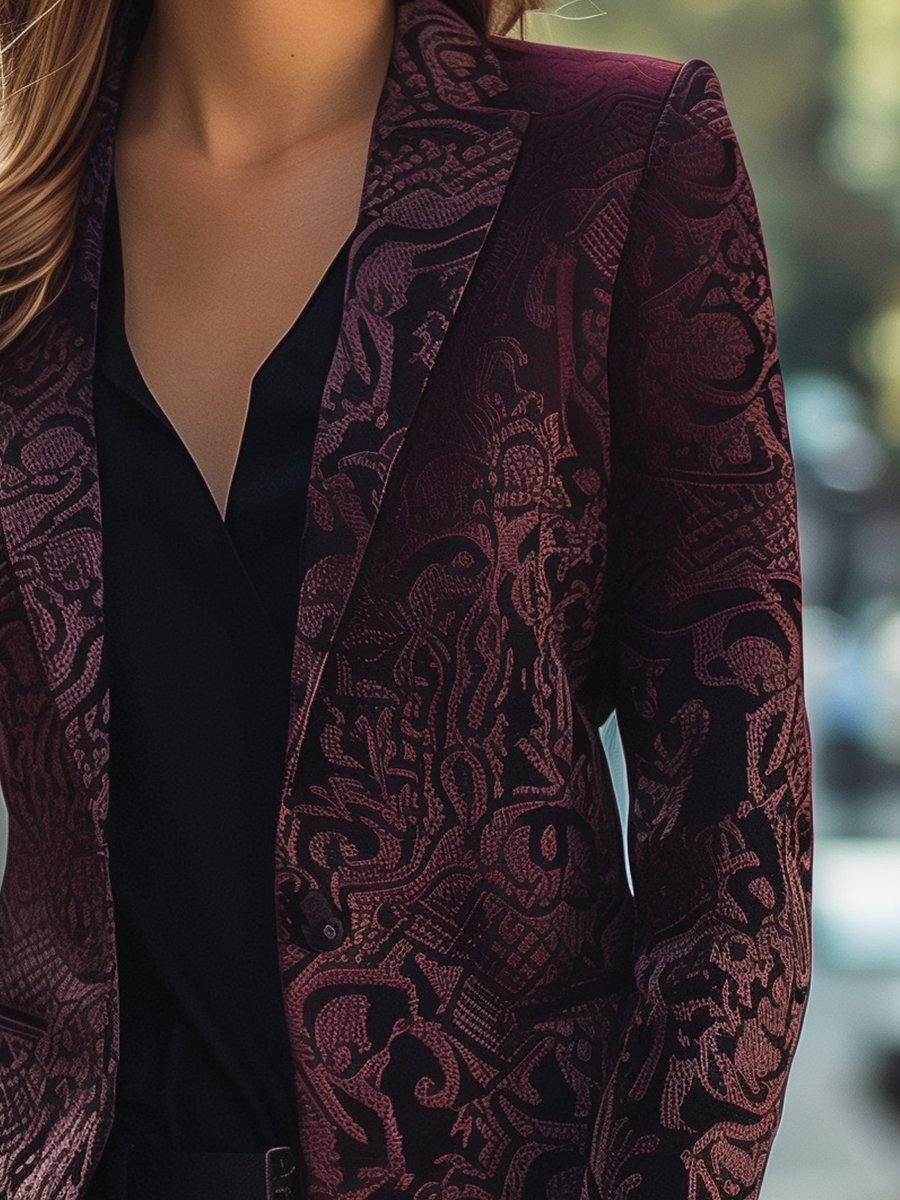 Noble Burgundy Jacquard Satijnen Blazer