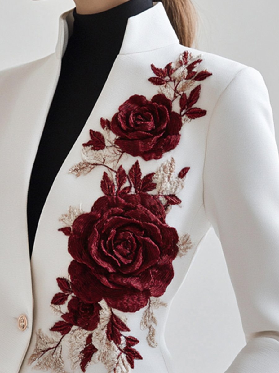 Chique Witte Blazer met Rode Rozen Borduursels