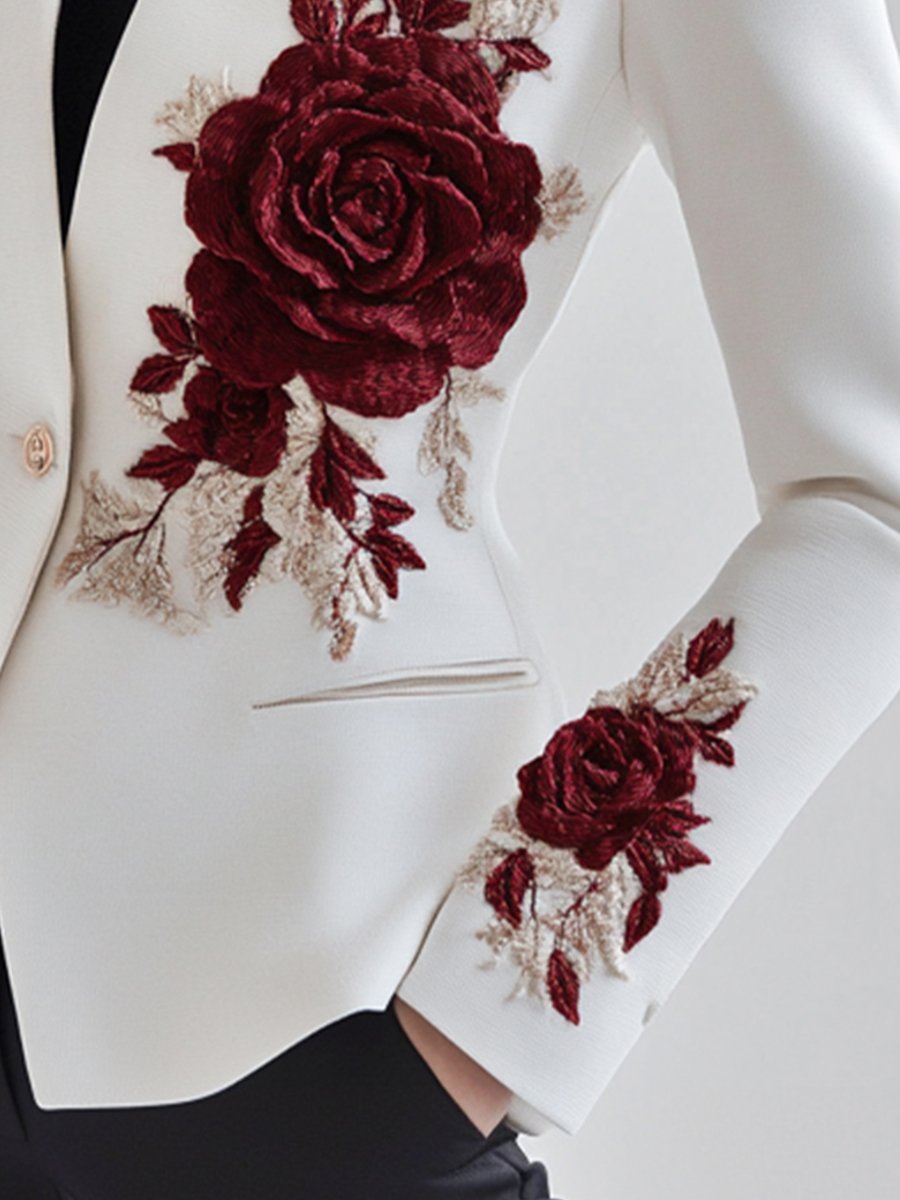 Chique Witte Blazer met Rode Rozen Borduursels