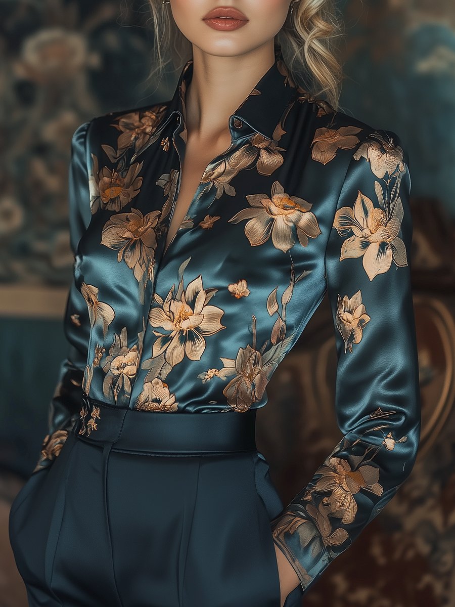 Gouden Lotus Bloemen Satijnen Geprinte Blouse