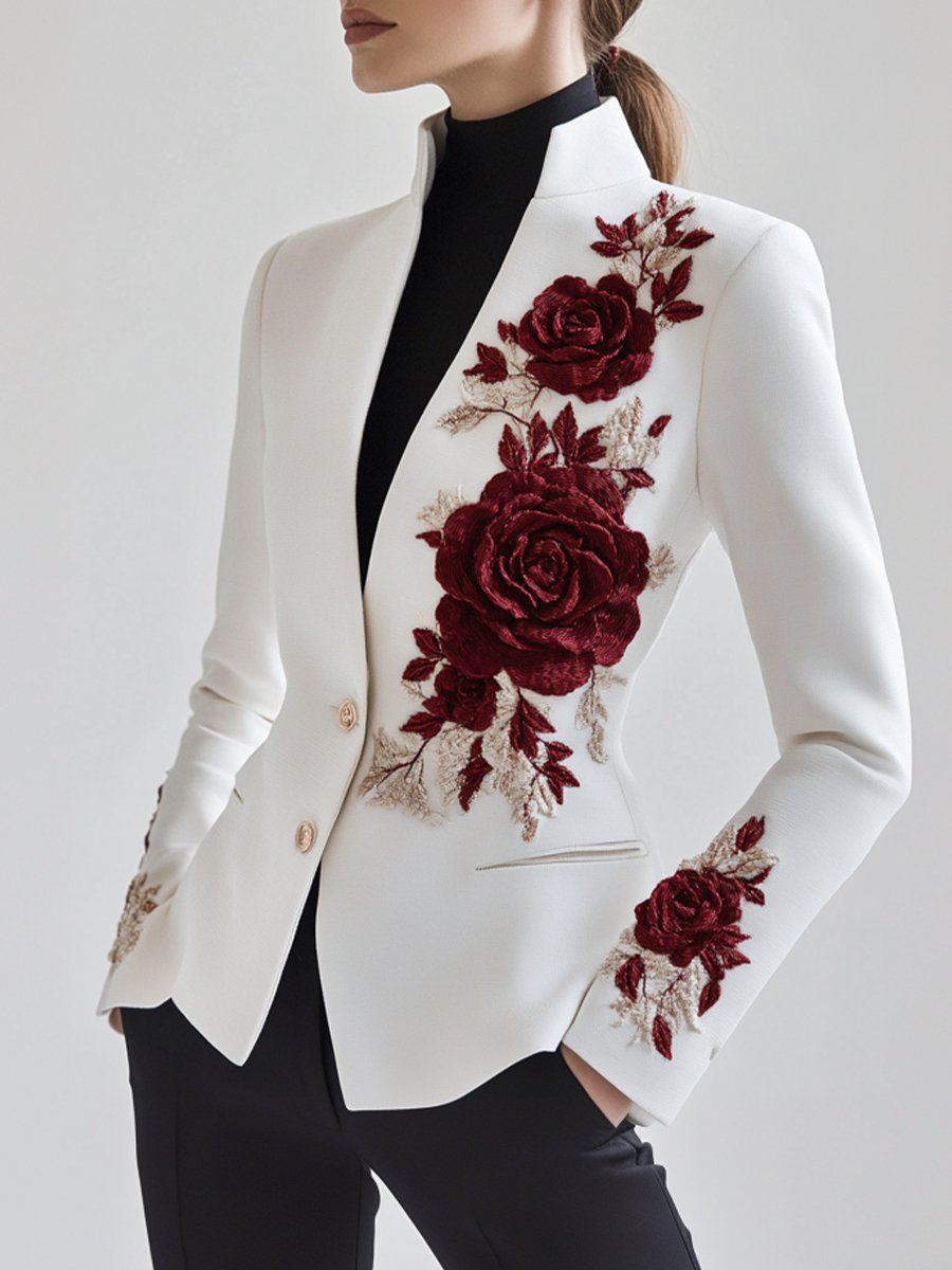 Chique Witte Blazer met Rode Rozen Borduursels