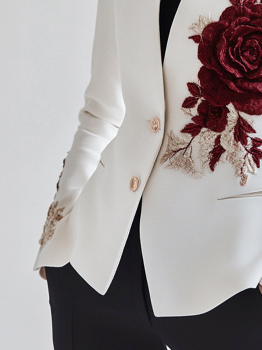 Chique Witte Blazer met Rode Rozen Borduursels