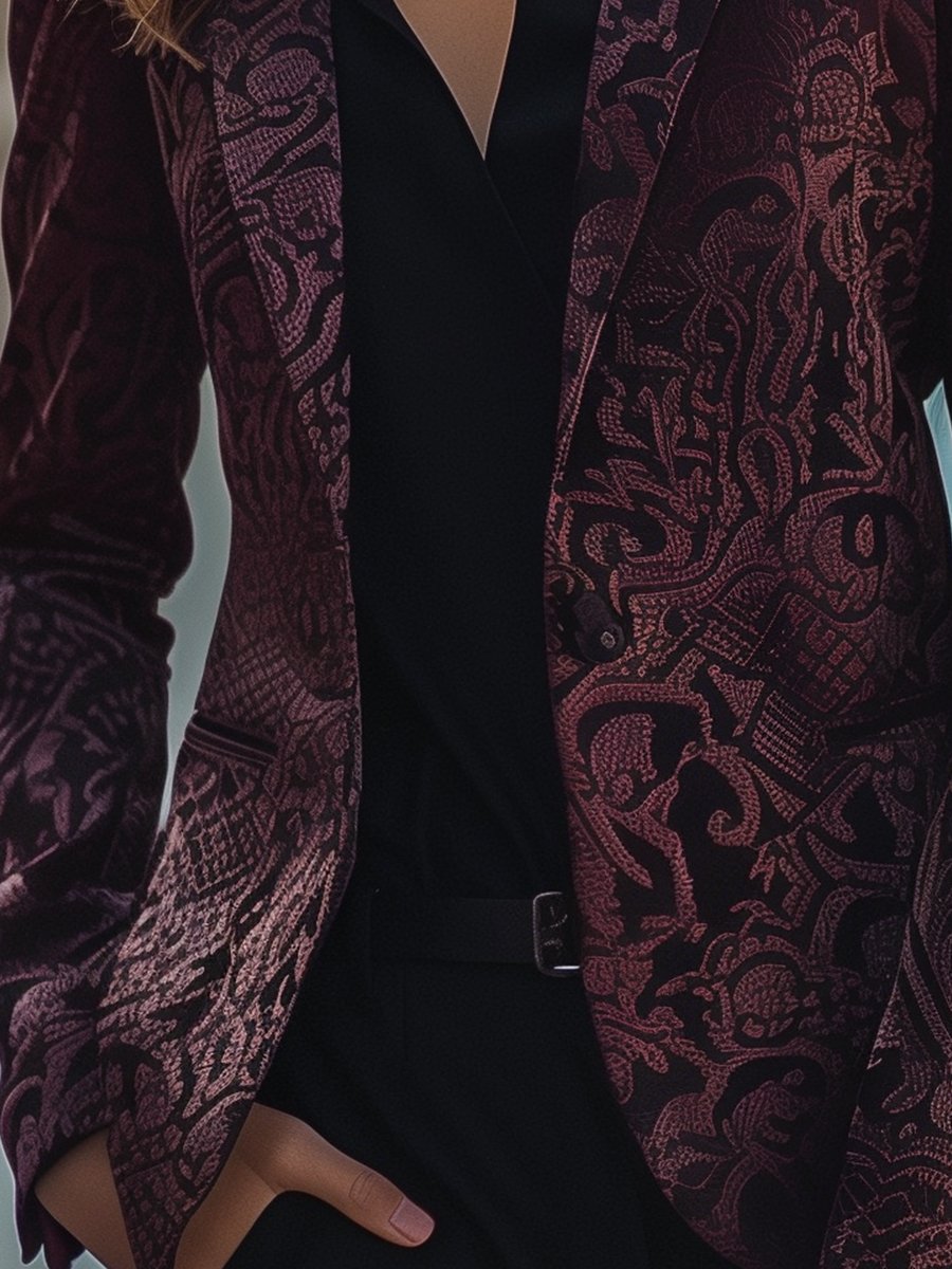 Noble Burgundy Jacquard Satijnen Blazer